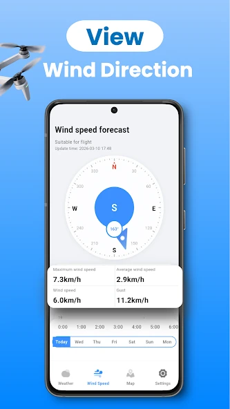 Wind direction and speed forecast screen